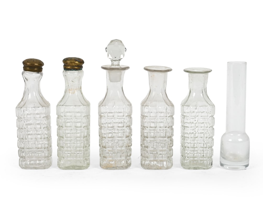 DECORATIVE GLASS GROUPING: Dimensions: (Tallest) H 5.75 " x Dia 1.75 " Condition: Wear consistent with age and use. Discoloration. Patina and oxidation to metal. Some scuffs.
