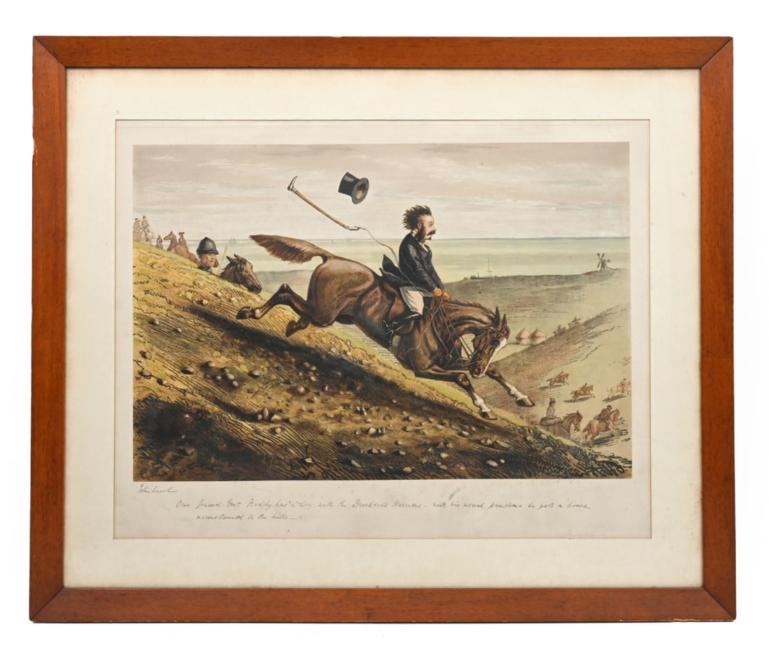 JOHN LEECH (UK, 1817-1864) LITHOGRAPH: Signed, titled "Our friend Mr Noody has a day with the Brookside Harriers" to lower margin. Dimensions: (Frame) H 28" x W 33.5" (Sight) H 28" x W 26" Condition: Wear consistent with age. Dings, loss