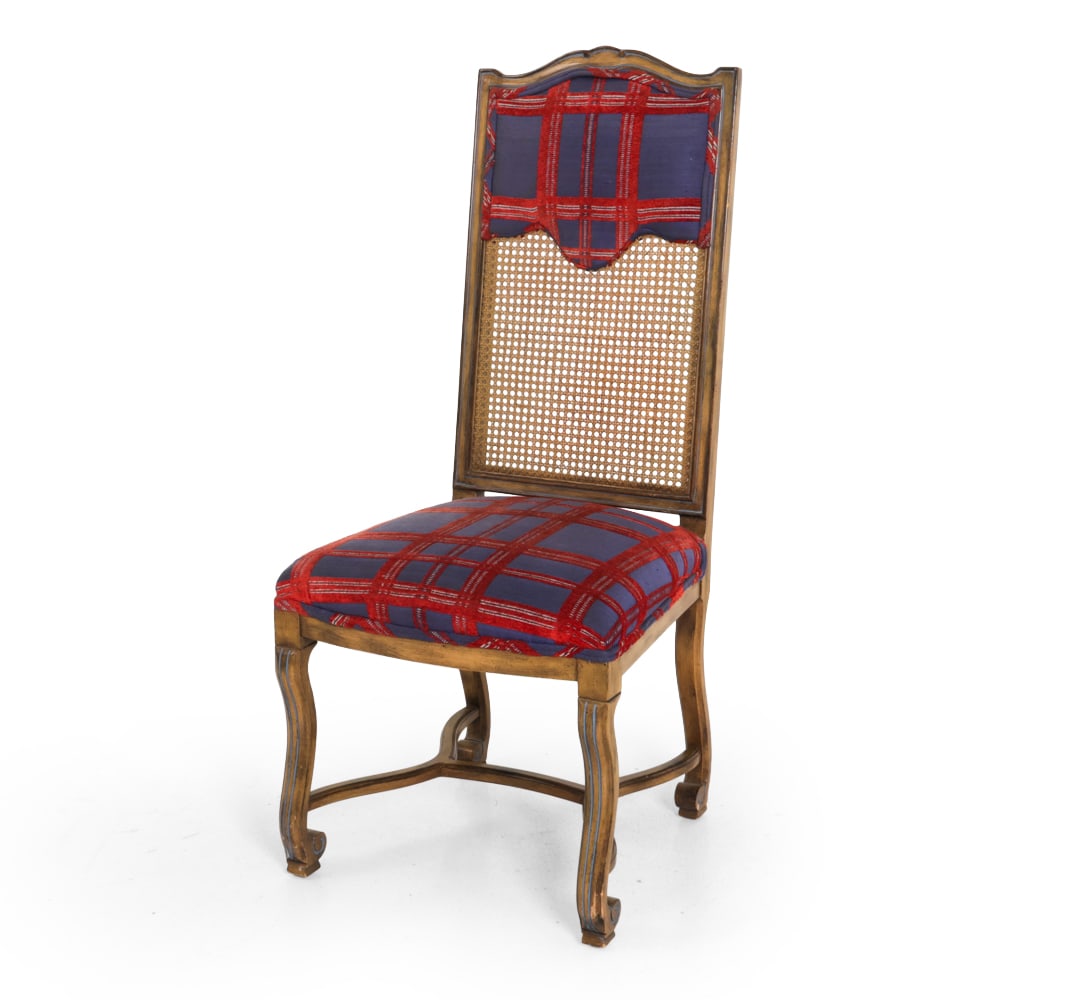 HENREDON HOLLYWOOD REGENCY STYLE SIDE CHAIR: Interior Shops label underneath. Features carved wood frame and high caned back. Dimensions: SH 18'' x H 46 " x W 20 " x D 22 " Condition: Wear consistent with age and use. Sun fading to material.