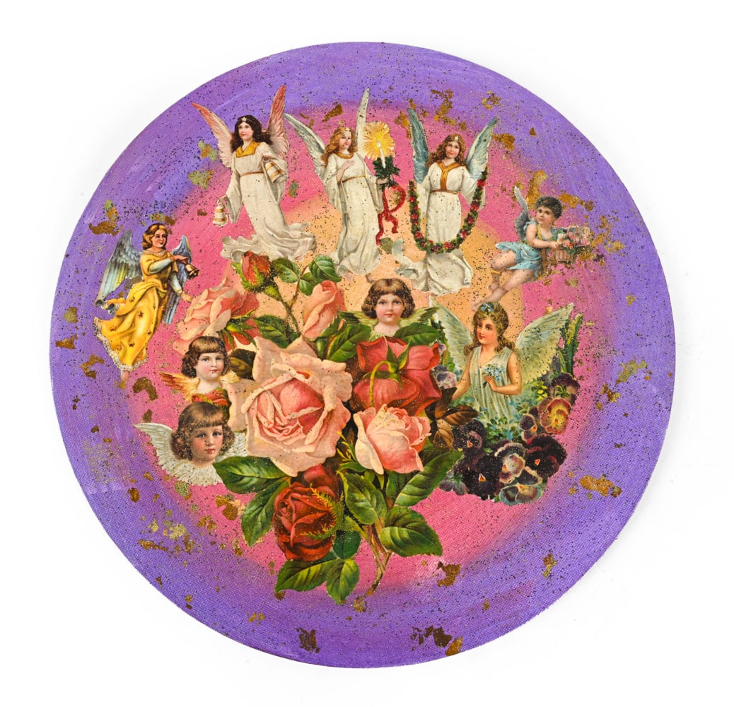 CATHERINE FERIC FLORAL ANGELS DECOUPAGE COLLAGE: Painted canvas board with decoupage flowers and angel. Signed on backside. 2014 Dimensions: H 12" x W 12" Condition: Wear consistent with age.