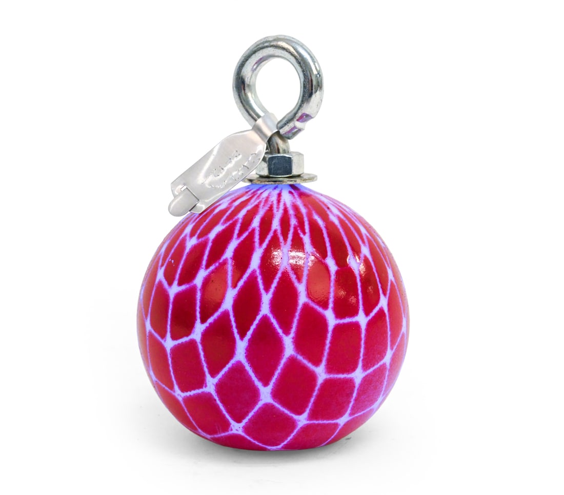 LIGHT-UP CHRISTMAS ORNAMENT ART 2012: Red plastic ball with light up mechanism and eye hook with tag. Tag is initialed and dated 2012. Dimensions: H 6.25" x W 4" x D 4" Condition: Wear consistent with age and gentle use. Needs batteries.