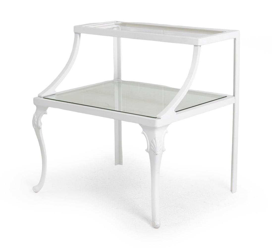 VINTAGE TWO-TIER PAINTED SIDE TABLE: White painted two-tier metal frame and glass top. Dimensions: H 26 " x W 25.5 " x D 20.5 " Condition: Surface wear consistent with age and use, including minor discolored areas. Lacking upper glass