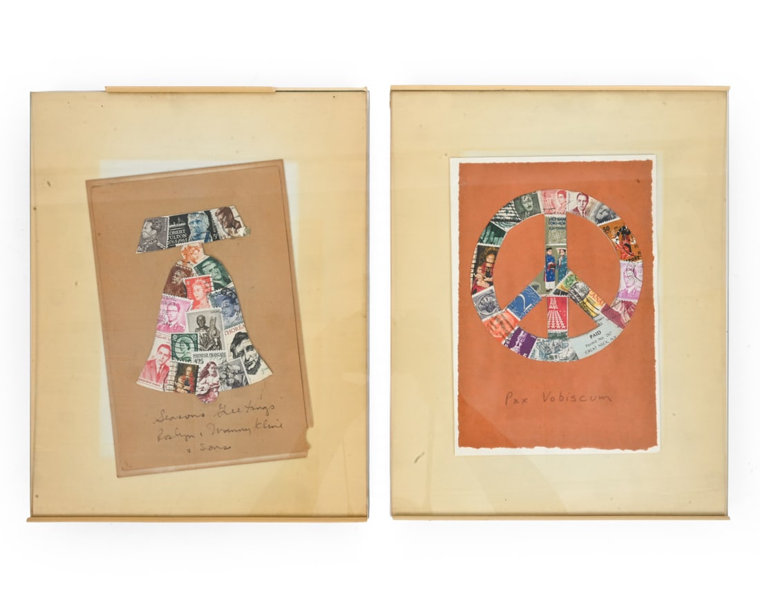POSTAGE STAMPS COLLAGE HOLIDAY CARDS: (2) framed homemade collages using stamps of a bell and peace sign with handwritten notes, one says "Pax Vobiscum" and other says "Seasons Greetings". Dimensions: (Frame) H 11.5" x W 9" (Sight) H 8"