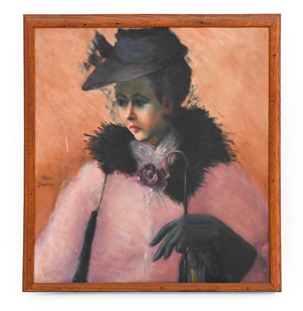 PORTRAIT OF A LADY OIL ON CANVAS PAINTING: Titled "Wilting Rose" to back. Signed Geo. Donahue to left mid. Oil on canvas. Dimensions: (Frame) H 24" x W 22"(Sight) H 21.5" x W 20" Condition: Few indentations and paint loss to surface. Cut