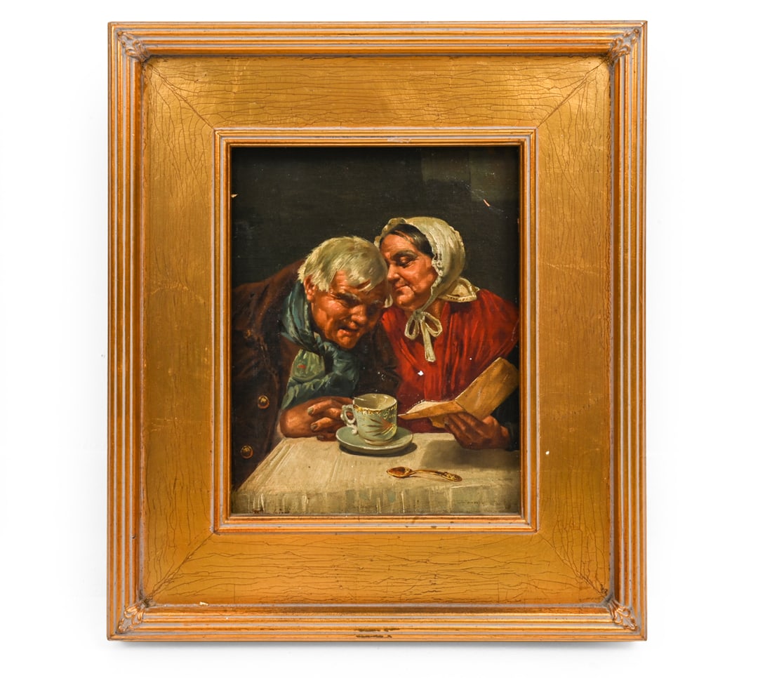 E. ZAMPINI (ITALIAN) 19TH CENTURY INTERIOR SCENE: Scene of an elderly couple joyfully having tea. Signed lower left. Mystic fine arts label on verso. Oil on board. Dimensions: (Frame) H 16" x W 13.5" (Sight) H 9.5" x W 7.5" Condition: Wear