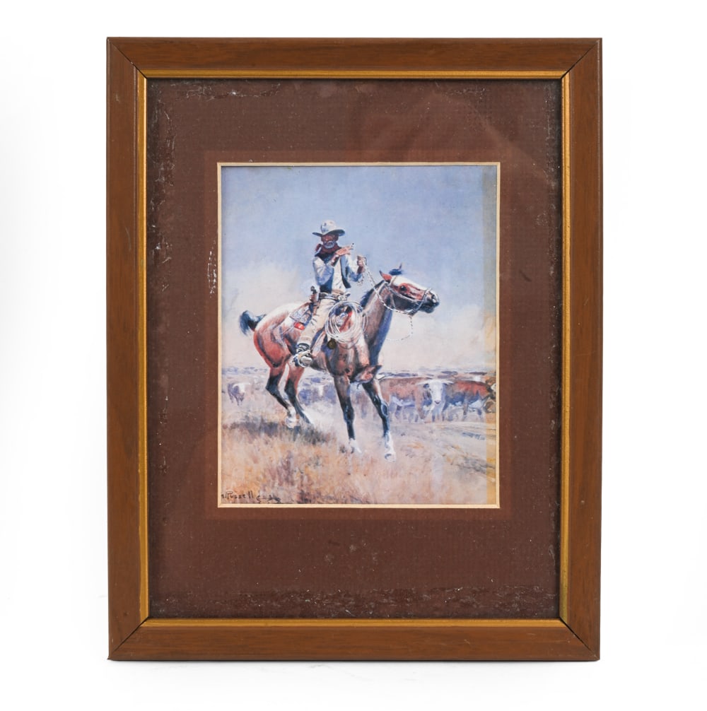 AFTER C. MARION RUSSEL BEEF FOR THE FIGHTERS PRINT: Dimensions: (Frame) H 9.75" x W 7.75" (Sight) H 5.25" x W 4.25" Condition: Wear consistent with age. Scuffs to frame. Some soiling underneath glass.