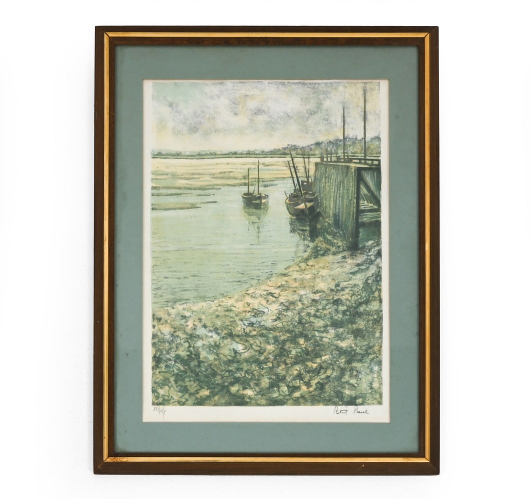 PAUL PETIT (FRENCH, 1920-2009) LITHOGRAPH: Coastal landscape print. Edition number 187/275. Signed in lower right. Dimensions: (Frame) H 25" x W 19" (Sight) H 23" x W 16.75" Condition: Minor scuffs on frame. Some rippling and foxing. Wear cons