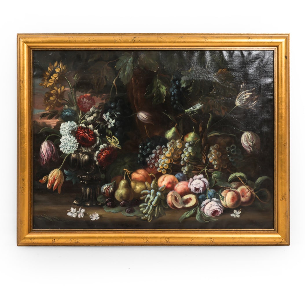 ANTIQUE FRUIT STILL LIFE O/C: Gilded frame with fruit still life. Oil on canvas. Signed indistinctly on lower left corner. Appears to have been relined and repaired. Dimensions: (Frame) H 28" x W 35.75" (Sight) H 23" x W 31"