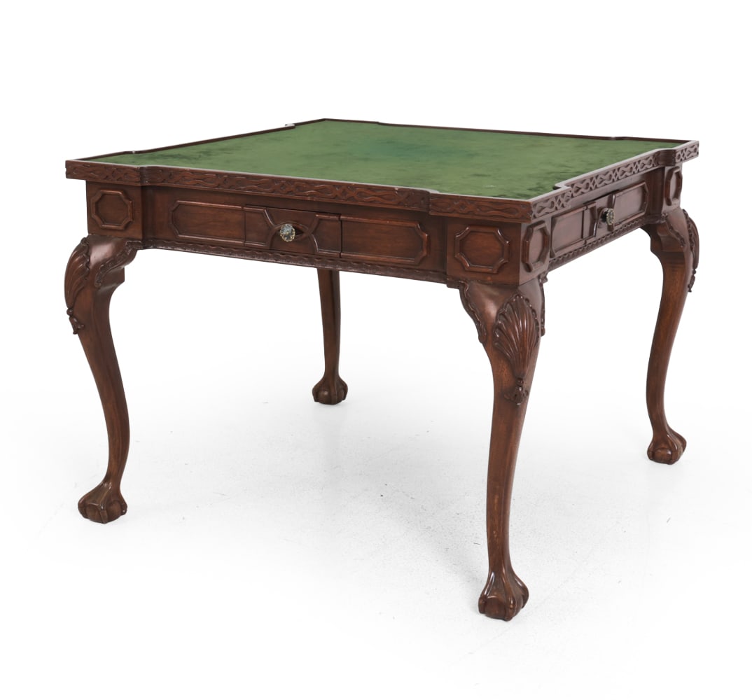 GEORGIAN STYLE MAHOGANY GAME TABLE: Carved mahogany with claw feet and drawers. Top surface is green velvet-like material. Early 20th century. Dimensions: H 29" x W 38" x D 38" Condition: Scuffs, dings, chips. Wear consistent with age a
