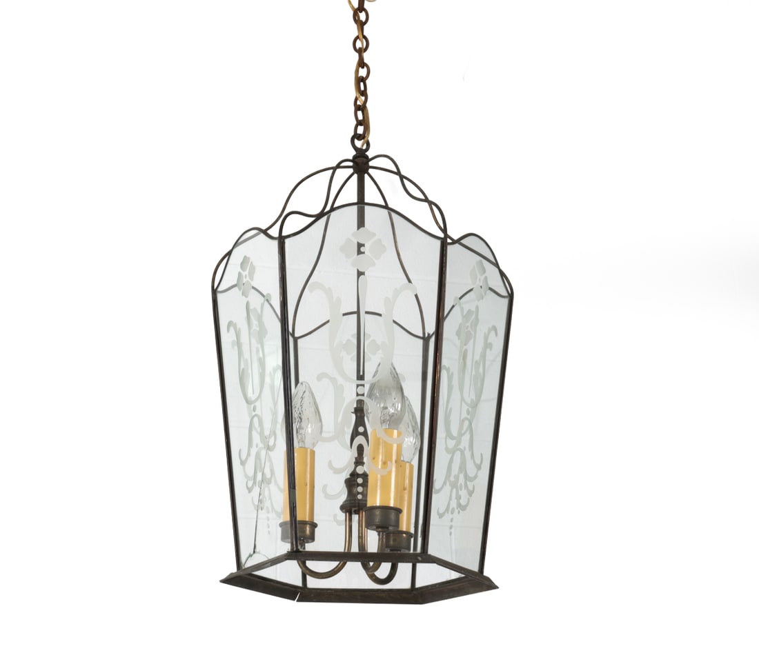 GEORGIAN STYLE BRASS & GLASS PENDANT LIGHT: Brass framed lantern pendant light with glass panels exhibiting an etched floral design. Dimensions: H 23" x Dia 13" Condition: Showing signs of wear consistent with age and use, scuffs, some patina