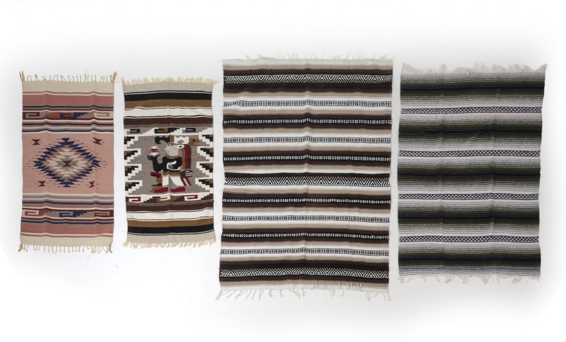 GROUPING STYLE OF MESOAMERICAN FLATWEAVE WOOL RUG: (4) Total. Includes (3) style of Mesoamerican geometric patterns and style of Mesoamerican diety. Wool. Dimensions: (Largest) (Including fringe) L 84" x W 54" Condition: Musty odor. Wear consistent