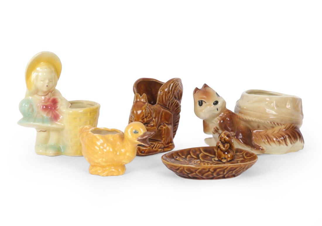 ART POTTERY PLANTER & DISH GROUPING INCL. MCCOY: (5) Various American art pottery marked underneath. Includes McCoy pottery and Shawnee pottery. Circa 1950s. Dimensions: (Largest) H 4" x W 5.5" x D 8 " Condition: Scratches and loss to finish. Wear c