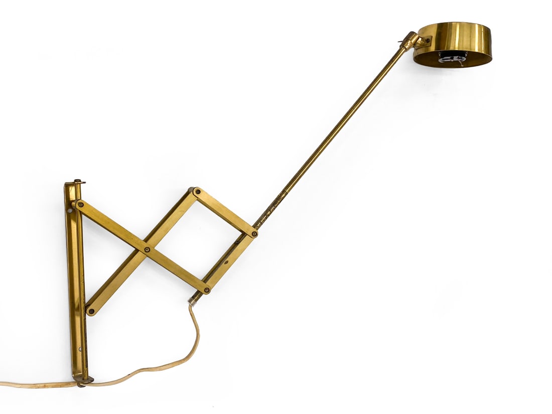 TH. VALENTINER STYLE DANISH BRASS SCISSOR ARM LAMP: Denmark, circa 1970s. Dimensions: H 19" x W 9" x D 4" Condition: Wear consistent with age and use. Wiring untested, cord cut. Patina, some soiling and scuffs.