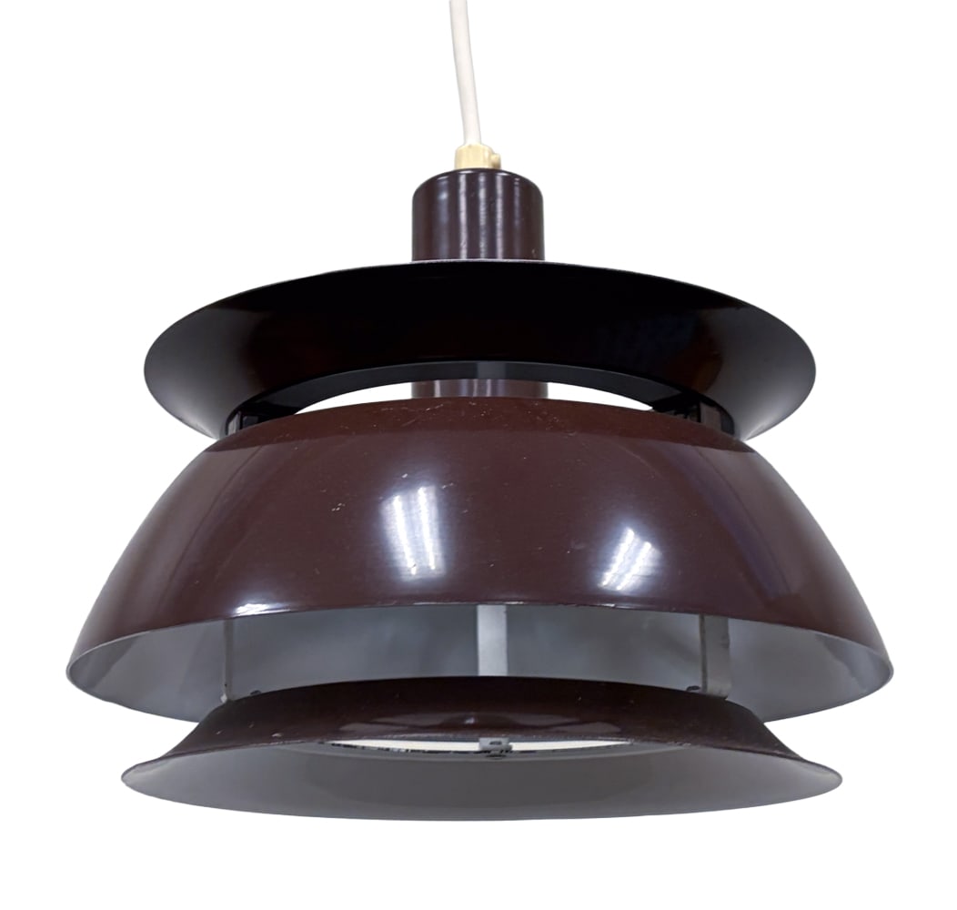 VITRIKA "NEVADA" DANISH ALUMINUM PENDANT LIGHT: Painted aluminum shade. Apparently unmarked. Denmark, circa 1970s. Dimensions: H 8" x Dia 9" Condition: Wear consistent with age and use. Wiring untested. Some nicks to rims. Scuffs.