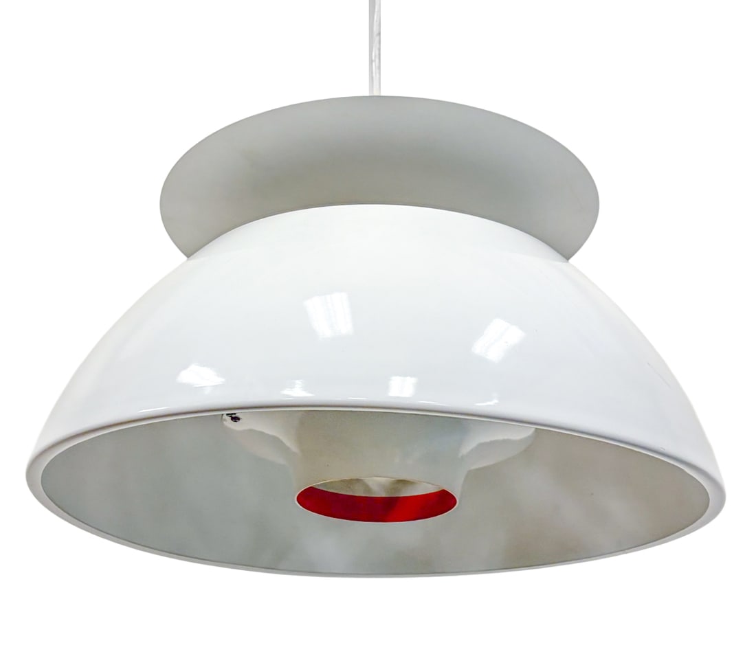 JORGEN HOI FOR HOLMEGAARD JUTLANDIA PENDANT LIGHT: Painted aluminum pendant lamp. Tag remnant to socket. Denmark, circa 1970s. Dimensions: H 9" x Dia 15" Condition: Wear consistent with age and use. Wiring untested, Minor rubs. Crack and loss to canop
