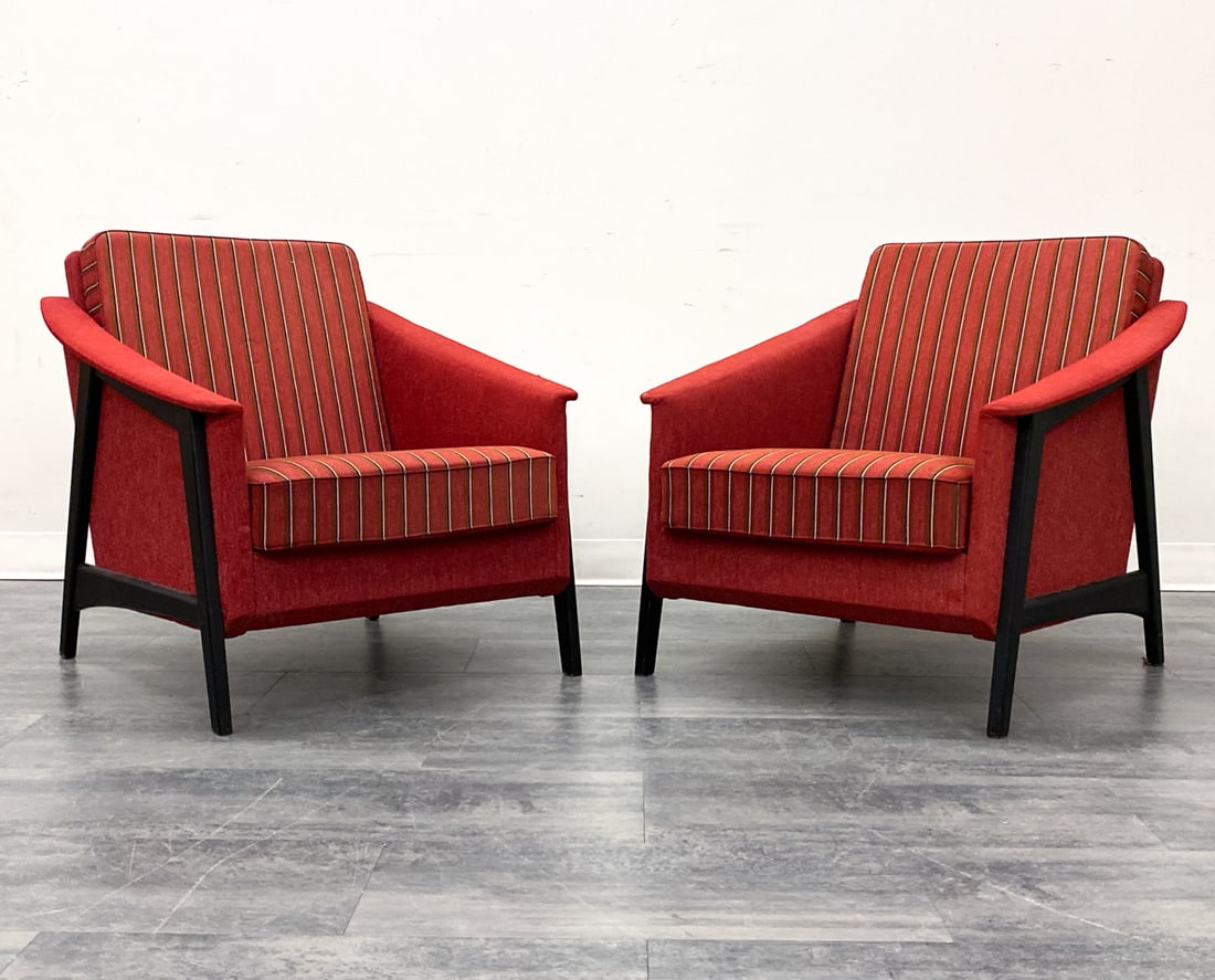 PAIR STYLE OF FOLKE OHLSSON SWEDISH LOUNGE CHAIRS: Painted wooden frame and striped upholstery. Sweden, 20th century, Dimensions: H 29.5" x W 29.5" x D 28" x SH 14" Condition: Wear consistent with age and use. Fraying to straps and upholstery. Small t