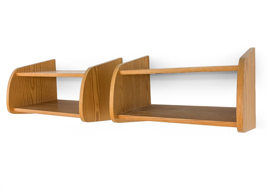 PAIR OF SWEDISH PINE WALL SHELVES C. 1970S: Dimensions: H 8.5" x W 13" x D 9" Condition: Wear consistent with age and use. fading, scuffs, nicks.