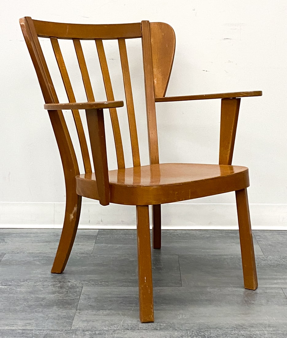 CHRISTIAN HANSEN FOR FRITZ HANSEN "CANADA" CHAIR: Beech frame. Remnants of a label on underside. Denmark, circa 1940s. Dimensions: H 31.5" x W 24.5" x D 21" x SH 15" Condition: Wear consistent with age and use. Scuffs, scratches, fading, finish loss,