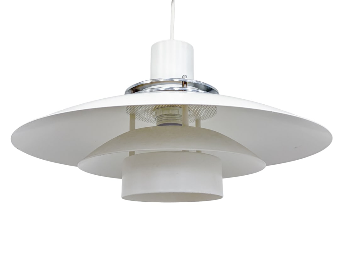 TOP LAMPER "LETO" DANISH ALUMINUM PENDANT LIGHT: Marked to shade. Denmark, circa 1970s. Dimensions: H 9" x Dia 15" Condition: Wear consistent with age and use. Wiring untested. Couple of scuffs.