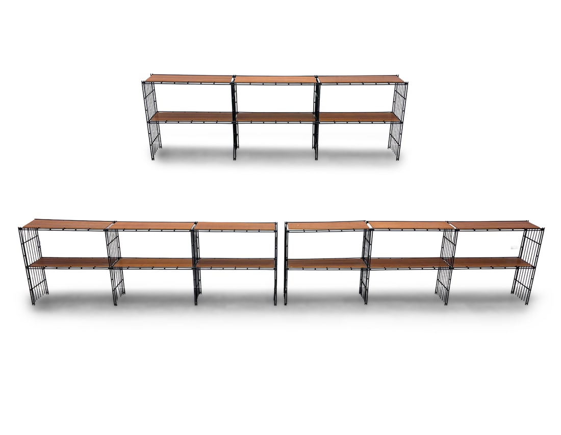 MULTISTRUX SPANISH TEAK MODULAR WALL UNIT C. 1970S: (3) black metal frame and teak shelves unit. Apparently unmarked. Spain, circa 1970s. Dimensions: H 24" x W 72.5" x D 9.25" Condition: Wear consistent with age and use. Scuffs, rubs, nicks, dings to