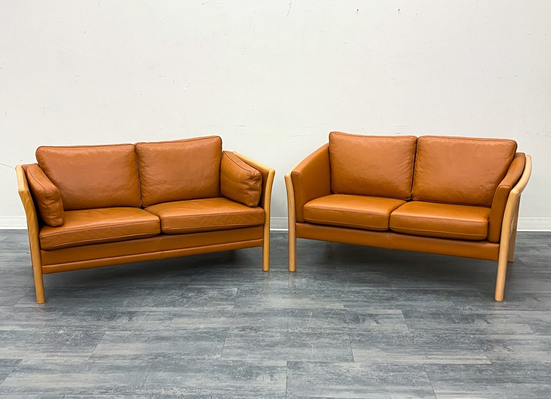 PAIR ATTR. STOUBY DANISH LEATHER LOVESEAT SOFAS (1 of 15)