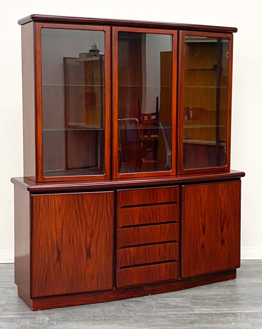 SKOVBY DANISH ROSEWOOD SIDEBOARD CABINET C. 1970S: Model RS36P and RS26P. Marked to back. Rosewood veneer cabinet with glass doors on top and lower sideboard. Denmark, circa 1970s. Dimensions: H 73.5" x W 65" x D 19.5" Condition: Wear consistent with