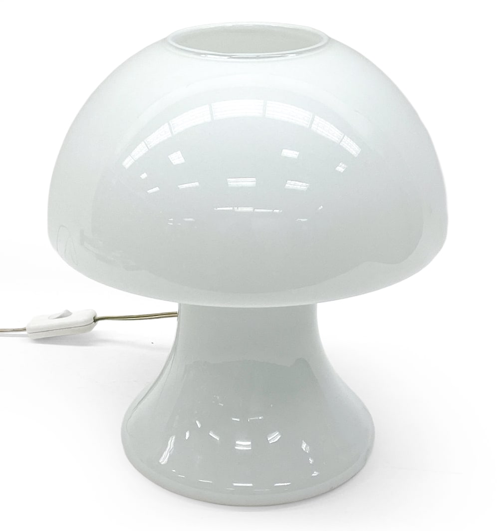 SCE "FUNGHI" FRENCH GLASS MUSHROOM TABLE LAMP: Art glass table lamp. Manufactured by SCE (Societe Centrale d'Eclairage), Model LPE Funghi. Marked inside the shade. France, 20th century. Dimensions: H 12" x Dia 10" Condition: Wear consistent with a