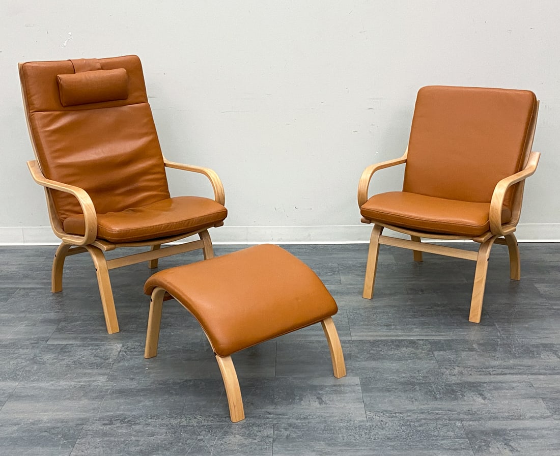 STYLE OF BENT OLSEN LEATHER CHAIRS & OTTOMAN (1 of 20)