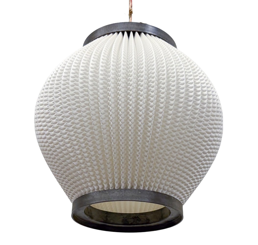 LARS EILER SCHIOLER FOR HOYRUP PEARL PENDANT LIGHT: Features pleated "Pearl shade" with plastic rims. Apparently unmarked. Denmark, circa 1960s. Dimensions: H 8.5" x Dia 8.5" Condition: Wear consistent with age and use. Wiring untested. Small soiling s
