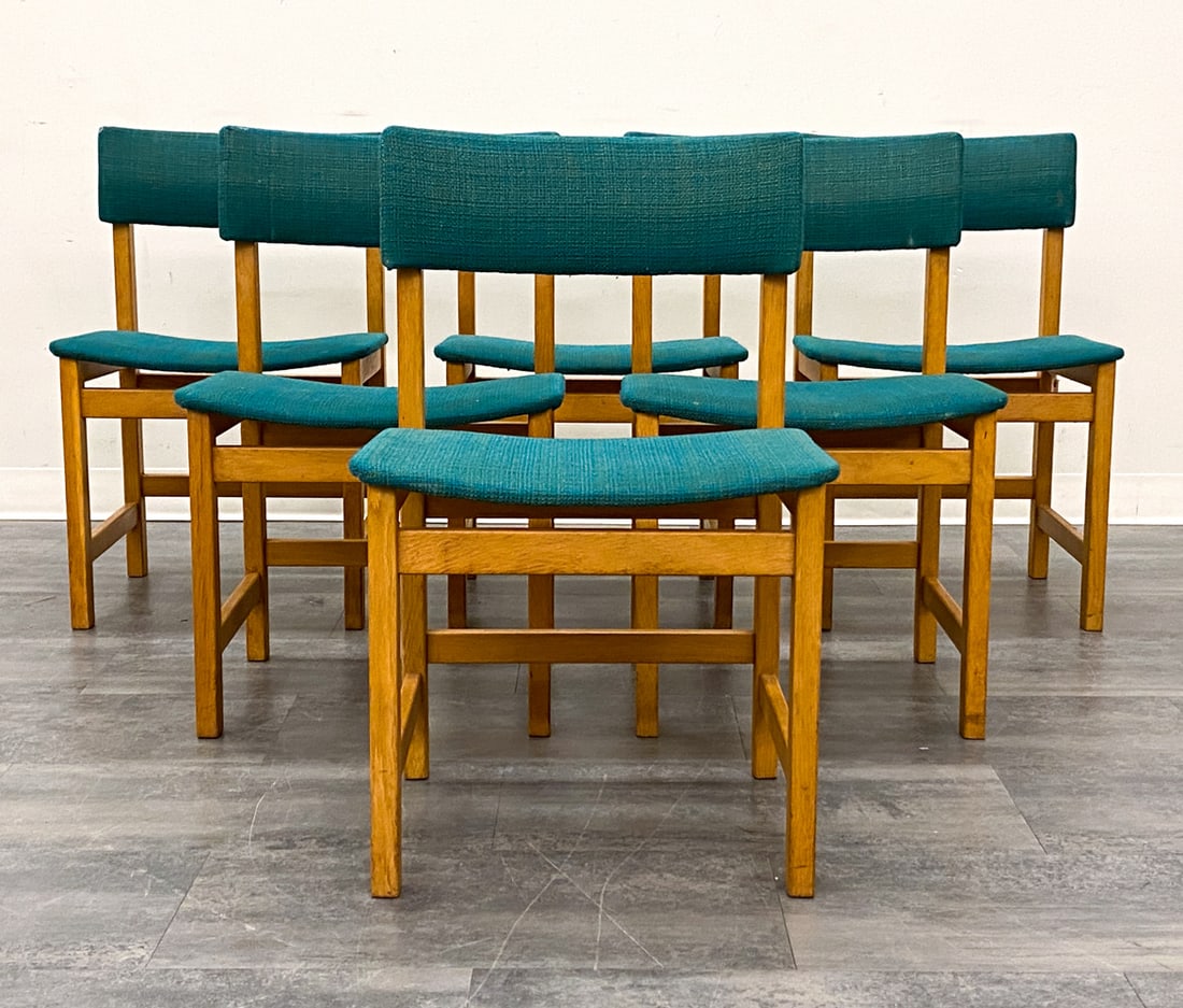 (6) FARSTRUP MODEL 246 DANISH DINING CHAIRS 1960S: Marked to underside. Oak frame. Denmark, circa 1960s. Dimensions: H 31" x W 19" x D 16.5" x SH 17.5" Condition: Wear consistent with age and use. Fading, soiling, rubs. Scuffs and nicks to frame.
