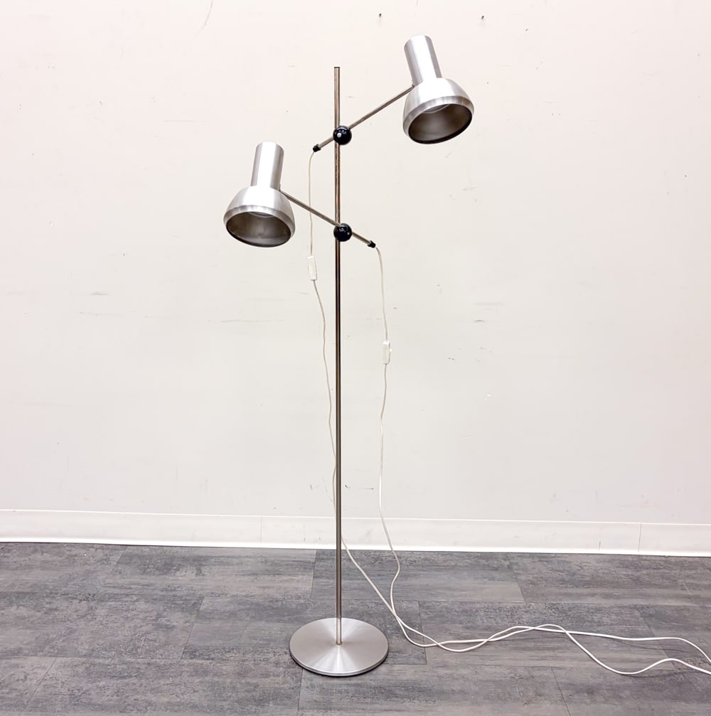 DANISH ADJUSTABLE FLOOR LAMP C. 1960S: Aluminum frame. Denmark, circa 1960s. Dimensions: H 56" x W 15" x D 10" Condition: Wear consistent with age and use. Wiring untested, cord cut. Scuffs.