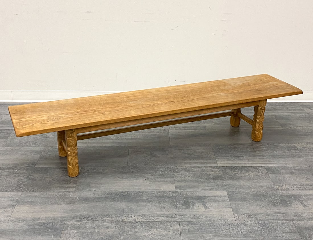 KJAERNULF STYLE DANISH OAK BENCH C. 1970S: Denmark, circa 1970s. Dimensions: H 15.25" x W 80" x D 18" Condition: Wear consistent with age and use. Scuffs, fading, minor watermarks, light stress cracks.