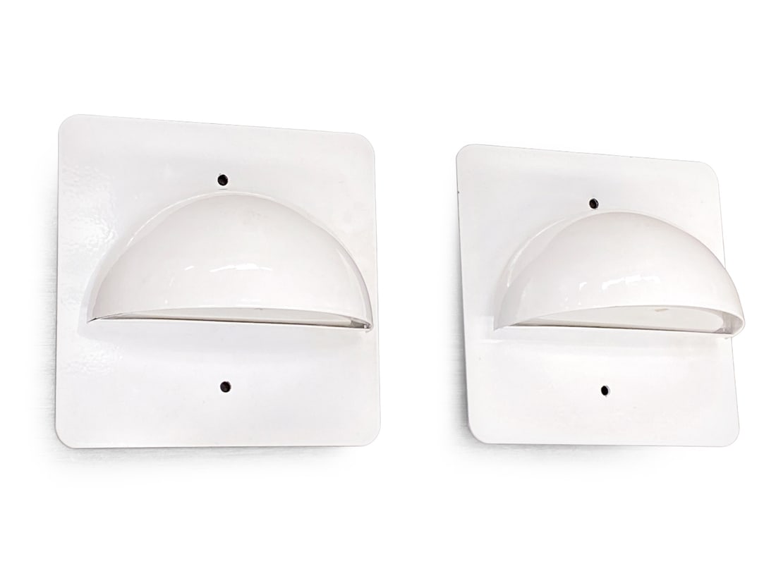 PAIR STYLE OF ALFRED HOFMANN WALL SCONCES: Painted steel wall sconces. Apparently unmarked. Denmark, 20th century. Dimensions: H 5.75" x W 5.75" x D 3" Condition: Wear consistent with age and use. Wiring untested, cord cut. Minor paint loss to