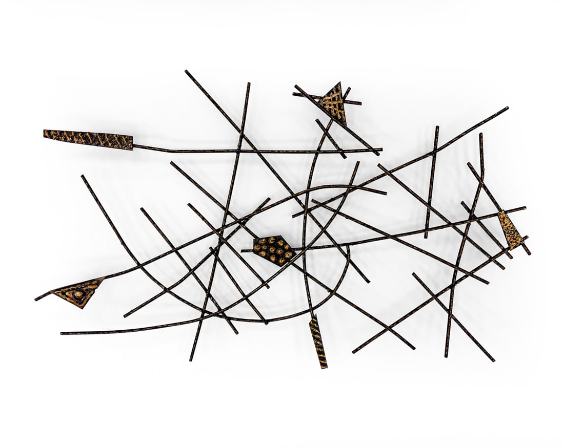 SCANDINAVIAN BRUTALIST IRON & BRASS WALL SCULPTURE: Unsigned. Scandinavian. Dimensions: H 20" x W 36" x D 3" Condition: Wear consistent with age. Scuffs and rubs.