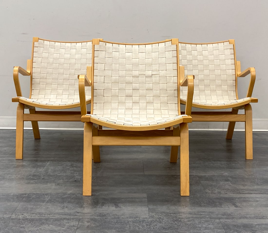 (3) FINN OSTERGAARD "ALBERT" LOUNGE CHAIRS 1970S: For Kvist Mobler. Marked "Original Albert Serie 27000 underneath. Bentwood beech frame and woven upholstery. Denmark, circa 1970s. Dimensions: H 30.25" x W 24.5" x D 26" x SH 14.5" Condition: Wear con