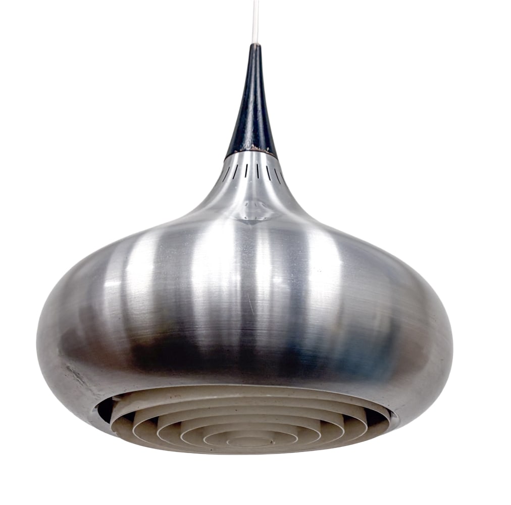 JO HAMMERBORG FOR FOG & MORUP DANISH PENDANT LIGHT: Aluminum and black lacquered top fitting. Apparently unmarked. Denmark, circa 1960s. Dimensions: H 15" x Dia 13" Condition: Wear consistent with age and use. Wiring untested. Rubs, finish loss to cano