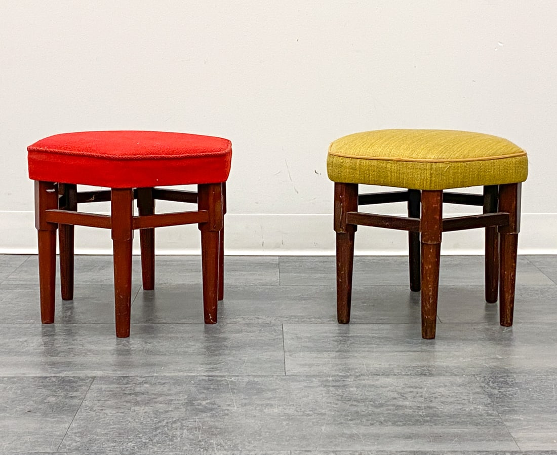 PAIR OF SCANDINAVIAN BEECH STOOLS C. 1970S: Dimensions: H 13.5" x W 16" x D 16" Condition: Wear consistent with age and use. Soiling spots, discoloration, and fraying to upholstery. Scuffs, rubs, scratches, nicks to frames.