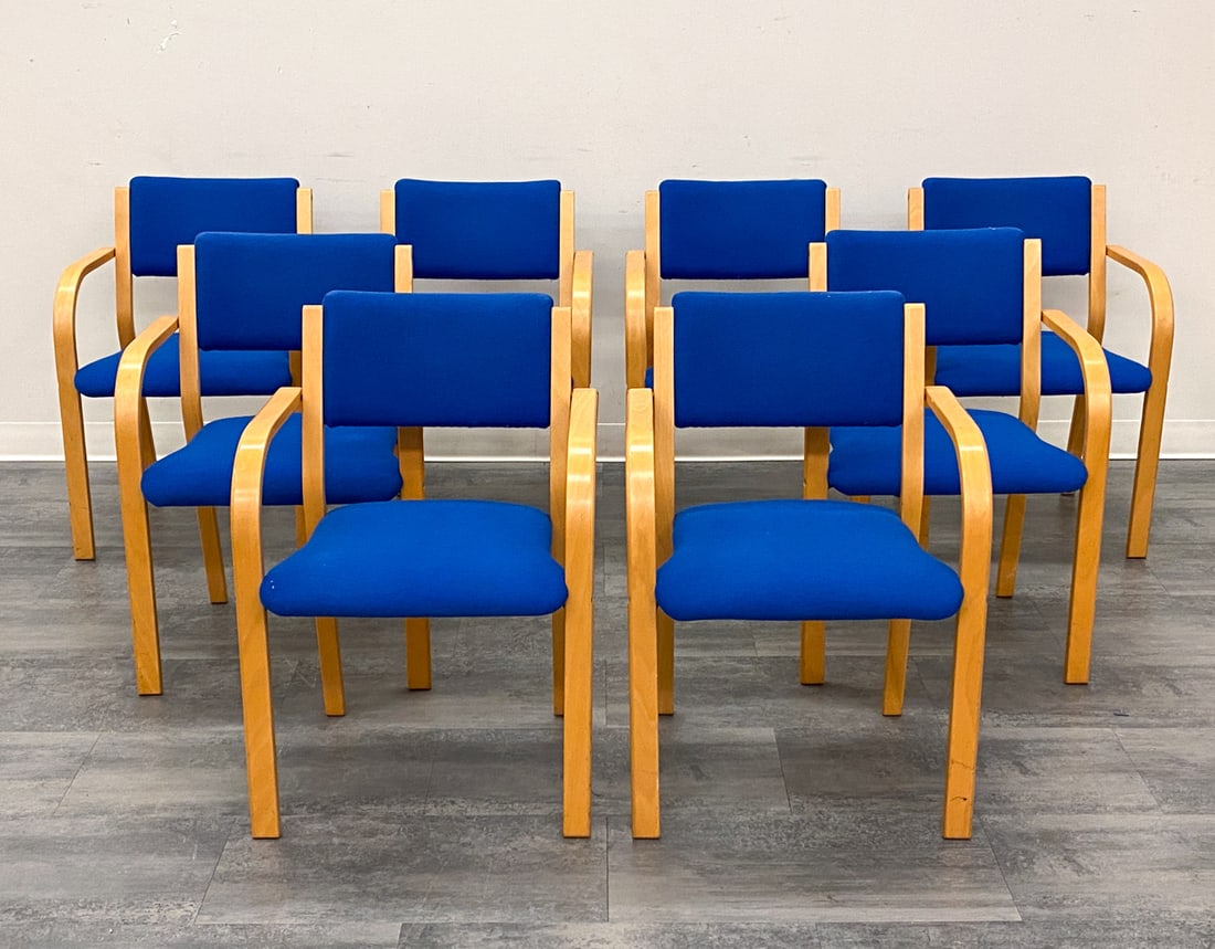 (8) NKR SWEDISH BEECH ARMCHAIRS: Bentwood beech frame and blue upholstery. Marked and dated 94 underneath. Sweden. Dimensions: H 32" x W 22" x D 19" x SH 18" Condition: Wear consistent with age and use. Scuffs, minor white paint spot