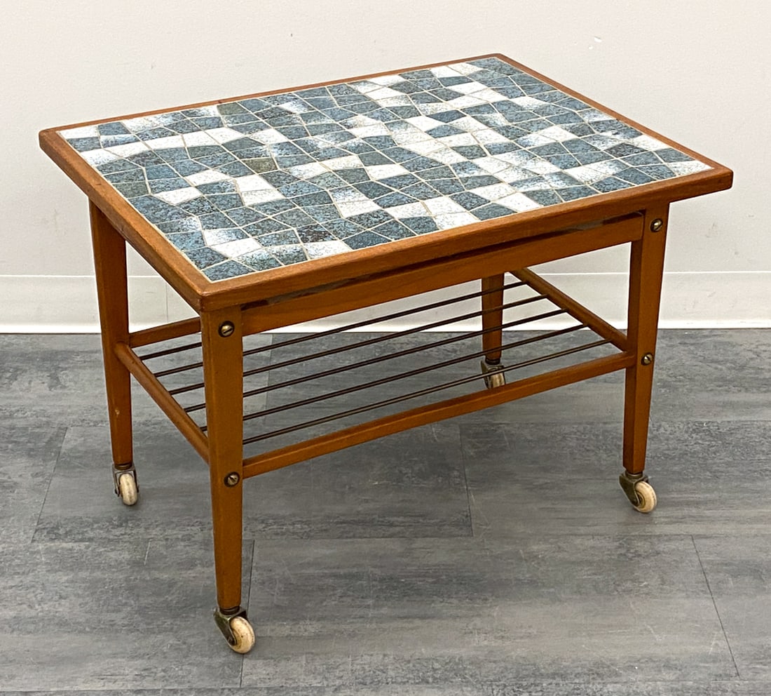 DANISH TEAK & TILE ROLLING SIDE TABLE C. 1960S (1 of 18)