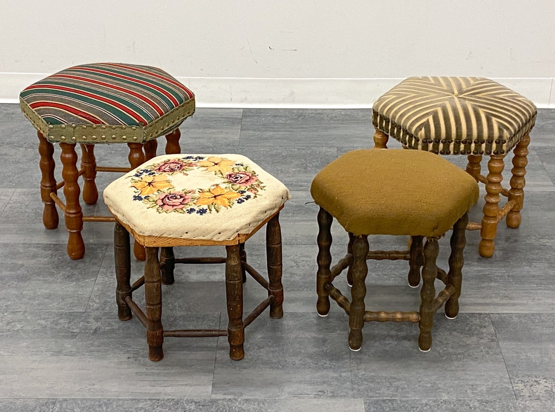 GROUPING OF SCANDINAVIAN TURNED OAK STOOLS: Grouping of 4 stools with oak bobbin turned legs and a variety of upholstered seats. Scandinavian, circa 1960s or earlier. Dimensions: (Largest) H 15.5" x Dia 16.5" Condition: Wear consistent with
