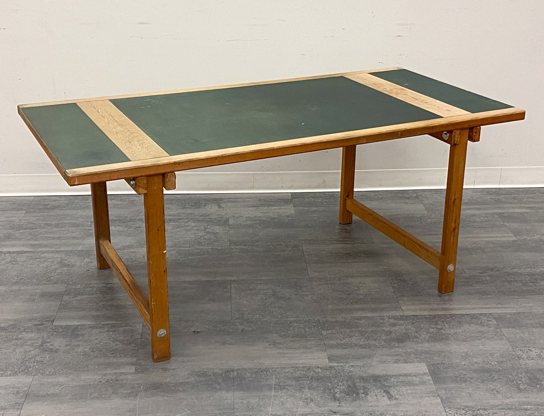 SCANDINAVIAN PINE DESK C. 1970S: Green linoleum top table in pine. Scandinavian, circa 1970s. Dimensions: H 26.5" x W 63" x D 31.5" Condition: Wear consistent with age and use. Scuffs, rubs, nicks, light scratches, fading, minor