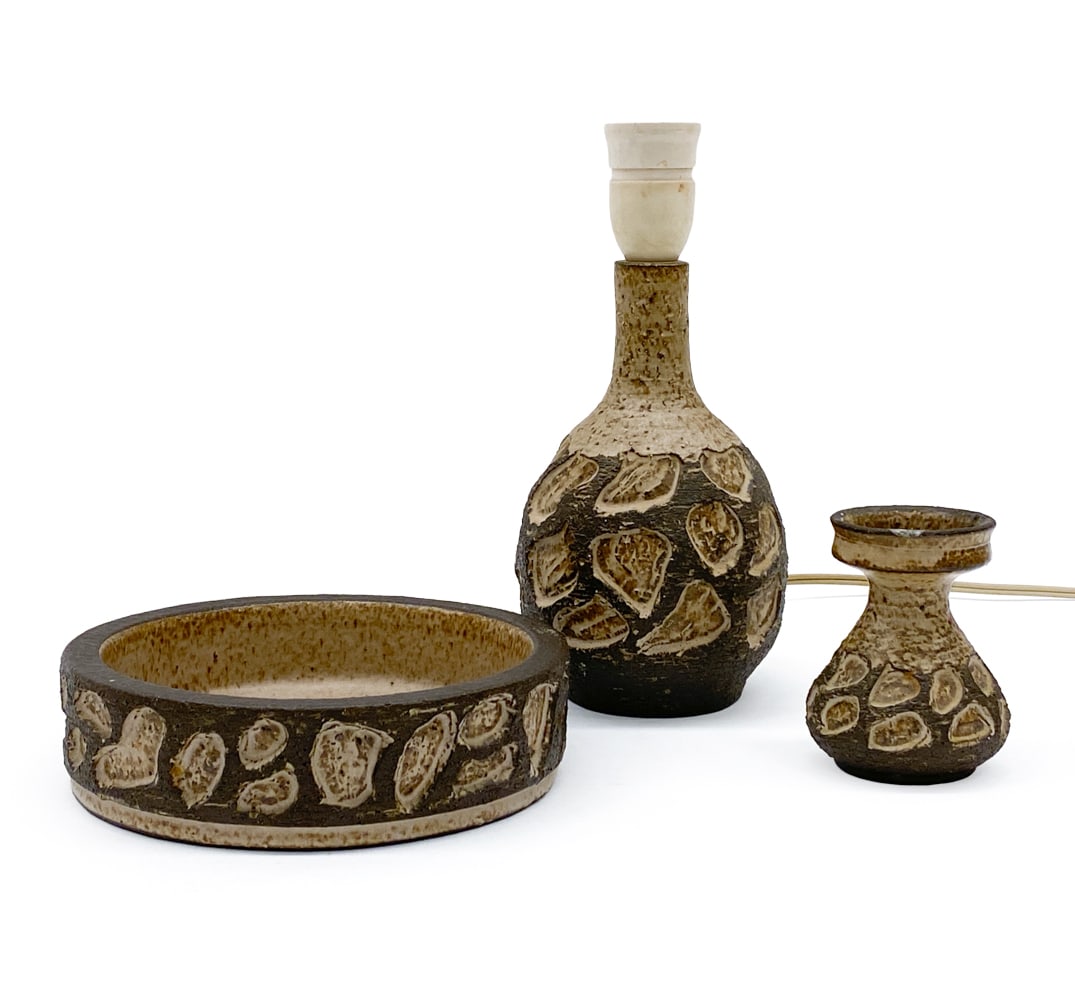 LOVEMOSE DANISH CERAMIC POTTERY GROUPING 1960S: (3) Items including a table lamp, candlestick holder or vase and a bowl. Marked underneath. Denmark, circa 1960s. Dimensions: (Largest) H 10.5" x Dia 4.5" Condition: Wear consistent with age and use.