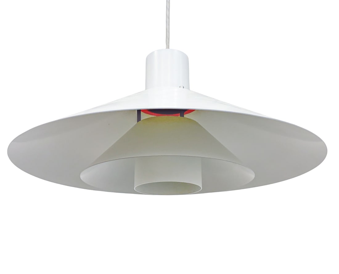 CHRISTIAN HVIDT "TRAPEZ" DANISH PENDANT LAMP 1970S: Model Trapez designed by Christian Hvidt for Nordisk Solar Compagni. Marked inside the shade. Painted aluminum lamp. Denmark, circa 1970s. Dimensions: H 9" x Dia 18" Condition: Wear consistent with
