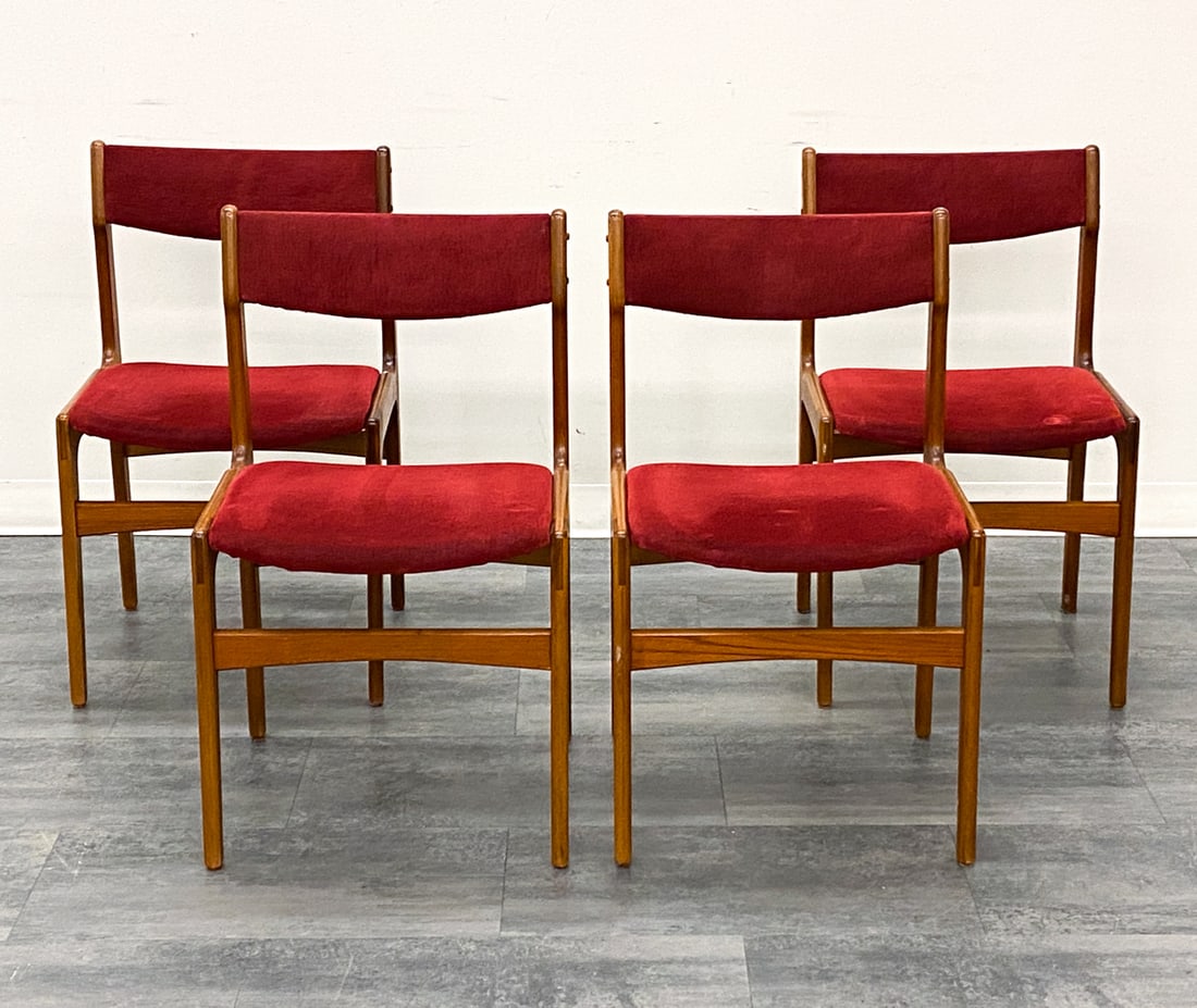 (4) ERIK BUCH DANISH TEAK DINING CHAIRS C. 1960S: For Anderstrup mobelfabrik. Teak frame and burgundy-tone upholstery. Apparently unmarked. Denmark, circa 1960s. Dimensions: H 32" x W 18.75" x D 19" x SH 18.5" Condition: Wear consistent with age and 
