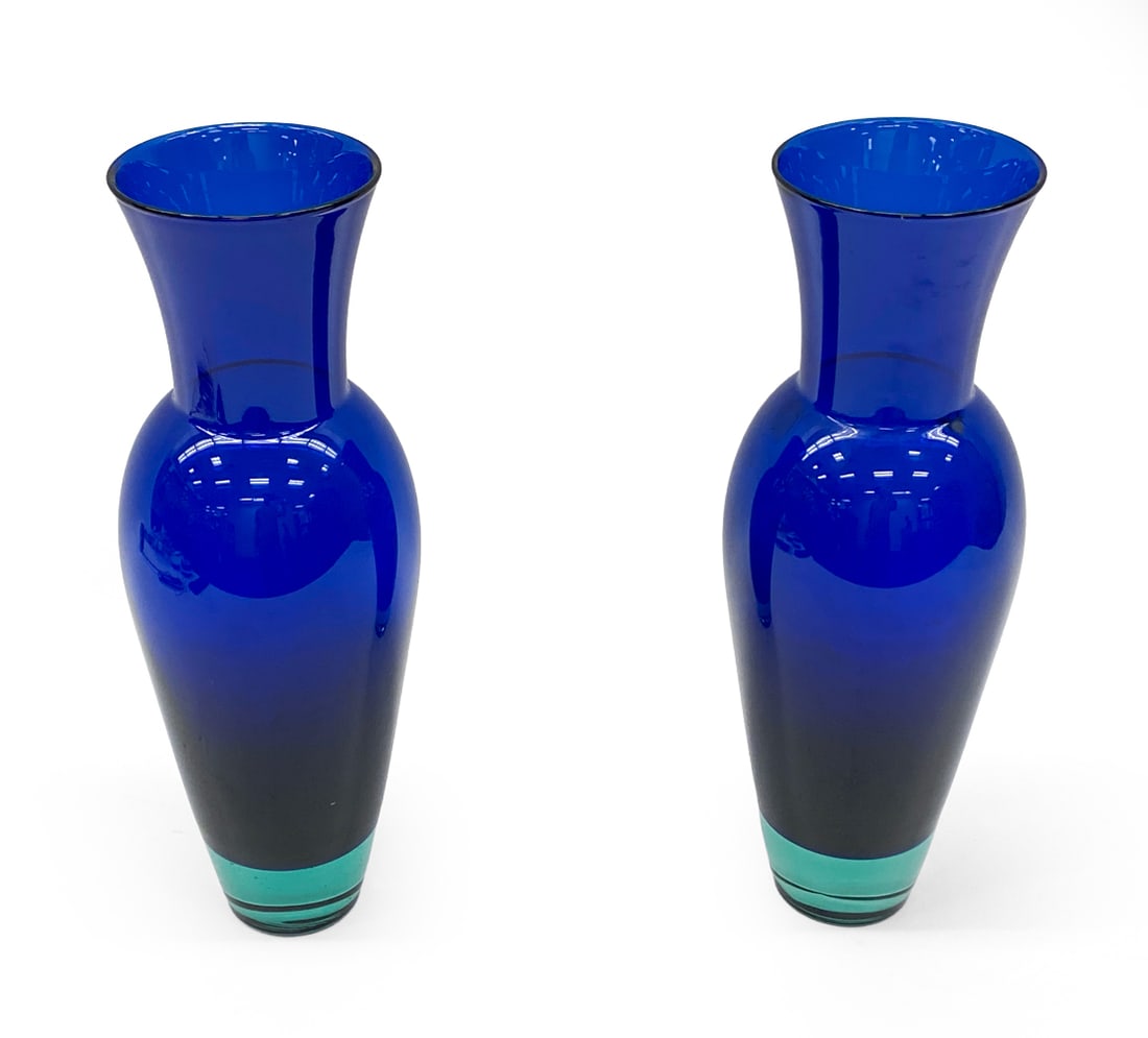 PAIR ANJA KJAER FOR HOLMEGAARD HARLEQUIN VASES: Featuring two-tone design. Apparently unmarked. Denmark, 20th century. Dimensions: H 14.75" x Dia 5" Condition: Wear consistent with age and use. No issues to note.