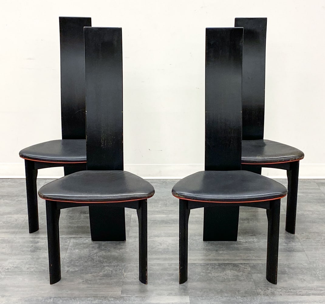 (4) BOB & DRIES VAN DEN BERGHE IRIS DINING CHAIRS: High backrest with leather seat. Danish manufacturing marked underneath. Denmark, circa 1970s. Dimensions: H 44" x W 20" x D 16.5" x SH 18" Condition: Wear consistent with age and use. Scuffs, rubs,