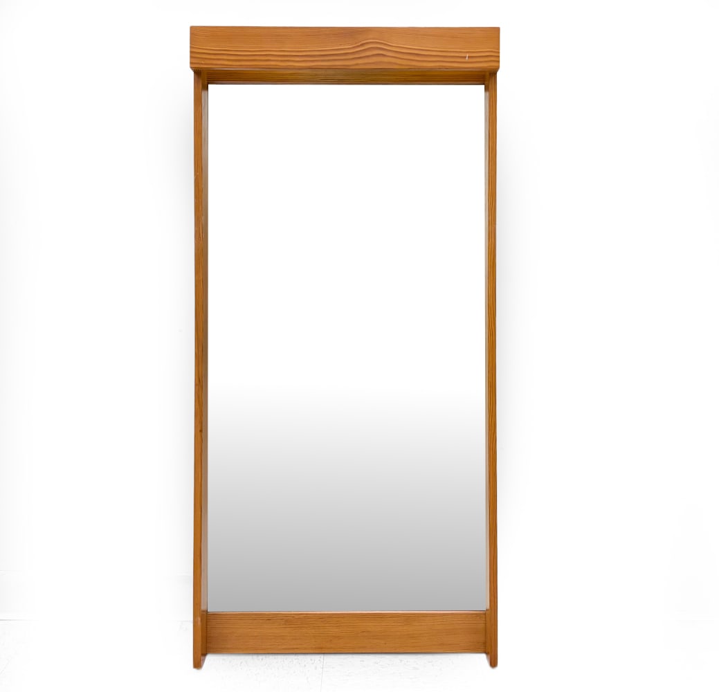 SCANDINAVIAN PINE ILLUMINATED WALL MIRROR C. 1960S: Dimensions: H 48" x W 21.75" Condition: Wear consistent with age and use. Scuffs, nicks, rubs. minor paint spots to frame. Wiring untested. Cord cut.