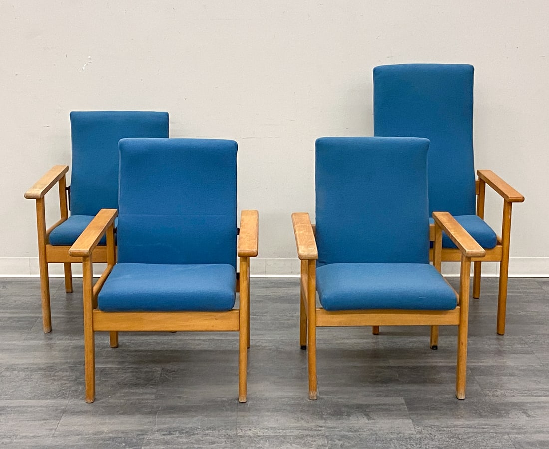 (4) HONG STOLEFABRIK DANISH LOUNGE CHAIRS: 3 armchairs and 1 highback chair with blue upholstery and beech frame. Marked underneath. Denmark, circa 1960s. Dimensions:(Largest) H 44" x W 25.5" x D 26" x SH 18.5" Condition: Wear consistent with