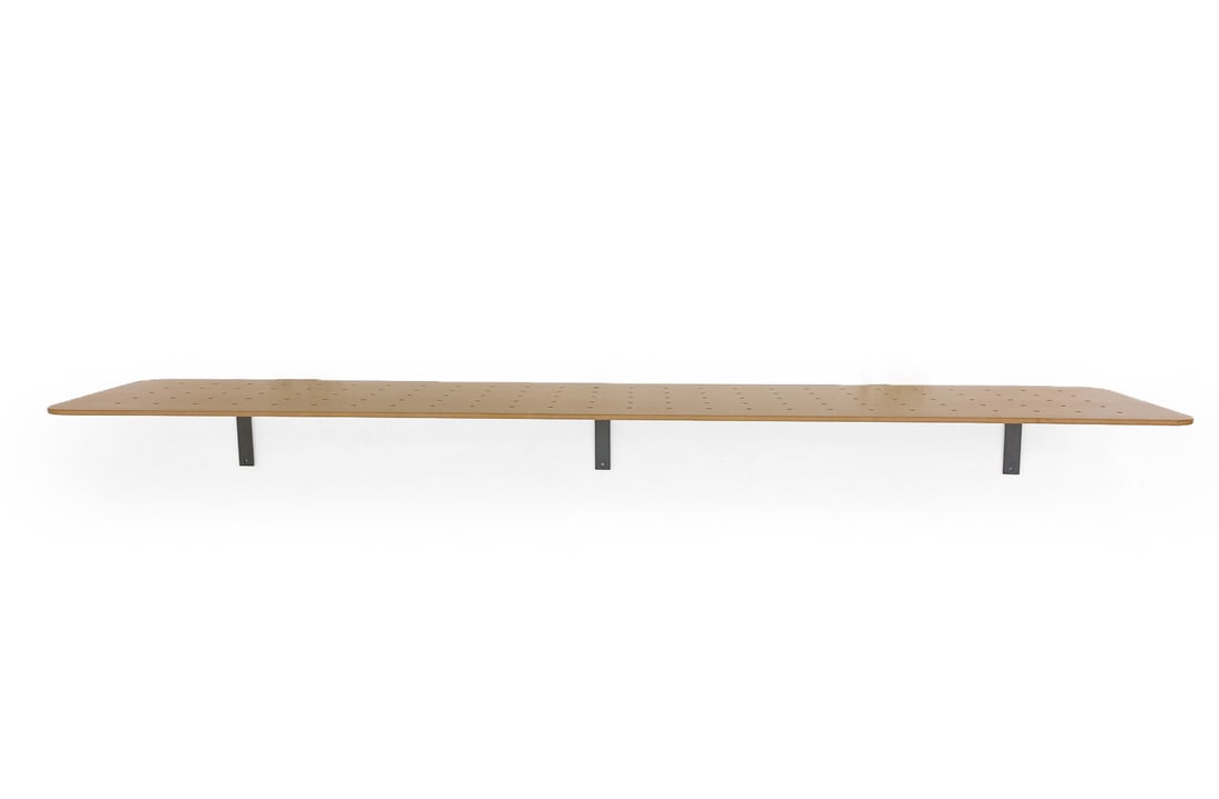 SCANDINAVIAN BEECH PERFORATED WALL SHELF: Scandinavian, 20th century. Dimensions: H 15.75" x W 70.75" Condition: Wear consistent with age and use. Scuffs, watermarks, minor fading.