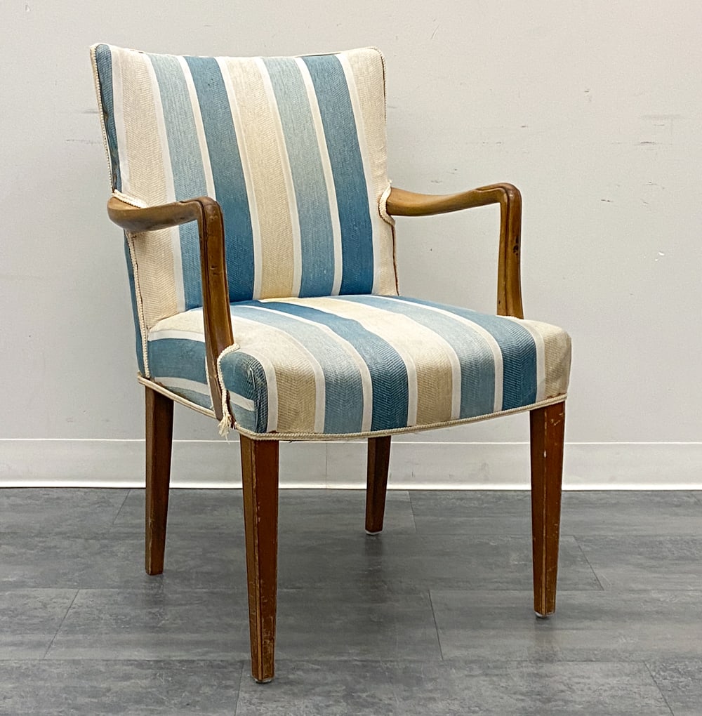 LYSBERG HANSEN & THERP DANISH LOUNGE CHAIR 1950S: Carved legs and armrests with striped upholstery. Marked underneath. Denmark, circa 1950s. Dimensions: H 37" x W 24.5" x D 24" x SH 19.5" Condition: Wear consistent with age and use. Rubs, scuffs,